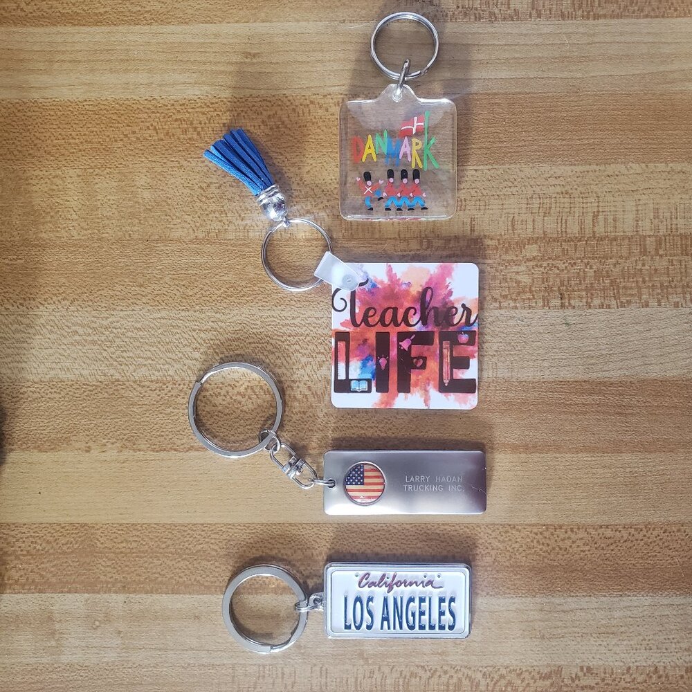 Lot of 4 Keychains: Denmark, Teacher, USA Trucking, Los Angeles